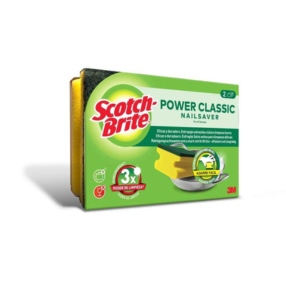 Uma embalagem de esponjas com pega Scotch-Brite® Classic (2 peças), da 3M Deutschland GmbH, com esponjas amarelas e superfície abrasiva verde. Com desempenho de limpeza e design ergonômico, logótipo 3M na embalagem.