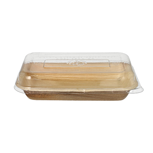 O Starpak 10 Schalen, folha de palma com tampa de rPET "Kombipack" é um recipiente retangular descartável ecológico para alimentos feito de folha de palma castanho claro com uma tampa transparente de PET reciclado, ilustrado sobre um fundo branco simples.
