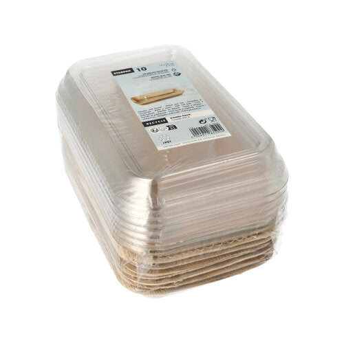 Uma pilha de tigelas descartáveis Starpak 10 Schalen, folha de palma com tampa de rPET "Kombipack" está empacotada junta e embrulhada em plástico sobre um fundo branco simples. No topo, há uma etiqueta de produto da marca Starpak.