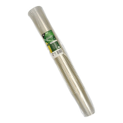 Um pacote com 60 copos de cerveja PAPSTAR "puro" PLA (0,2 l, Ø 7,05 cm, 12,4 cm) da PAPSTAR GmbH é mostrado com uma etiqueta verde e branca em uma embalagem de plástico transparente sobre um fundo branco.