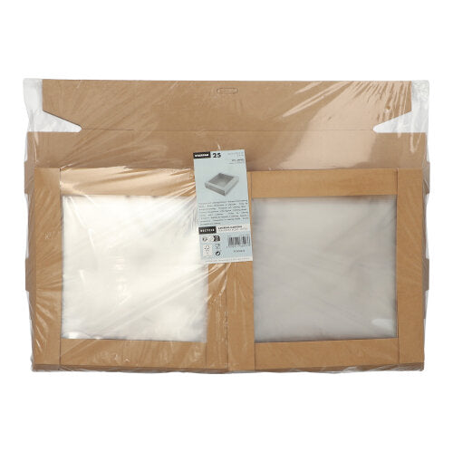 Uma embalagem com 25 caixas de transporte e catering Starpak quadradas castanhas de cartão com tampa separada e janela de visualização em PET – solução prática de embalagem, ideal para transporte e catering.