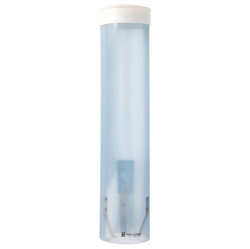 Um dispensador de copos transparente Starpak, PS Ø 8,5 cm x 42 cm, com tampa branca e dois clipes de metal na base, está em posição vertical sobre um fundo branco. Marca: Starpak.
