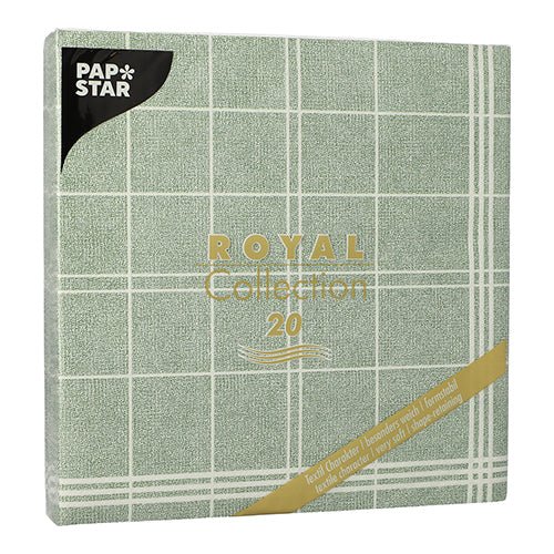 Os PAPSTAR 20 guardanapos "ROYAL Collection" (1/4-dobra, 40x40 cm) da PAPSTAR GmbH têm um padrão de xadrez verde com letras douradas, contêm 20 guardanapos quadrados por embalagem de plástico - ideal para decoração de mesa.