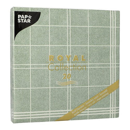 Os PAPSTAR 20 guardanapos "ROYAL Collection" (1/4-dobra, 40x40 cm) da PAPSTAR GmbH têm um padrão de xadrez verde com letras douradas, contêm 20 guardanapos quadrados por embalagem de plástico - ideal para decoração de mesa.