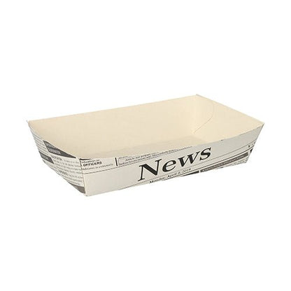 As 50 bandejas de batatas fritas "Impressão de Jornal" da PAPSTAR GmbH são bandejas de lanche retangulares brancas com impressão de jornal - ideal para servir em festas de churrasco. A bandeja vazia é retratada em um fundo branco simples.