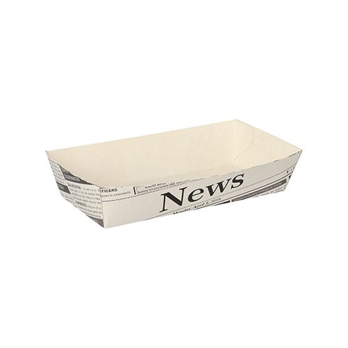 As 50 bandejas de batatas fritas brancas "Newsprint" da PAPSTAR GmbH têm uma forma retangular com design de impressão de jornal e "News" em um lado, ideal para festas de churrasco.
