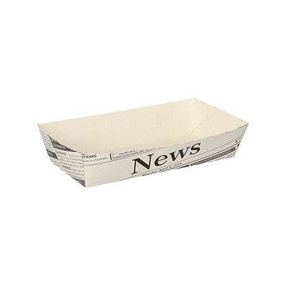 As 50 bandejas de batatas fritas brancas "Newsprint" da PAPSTAR GmbH têm uma forma retangular com design de impressão de jornal e "News" em um lado, ideal para festas de churrasco.