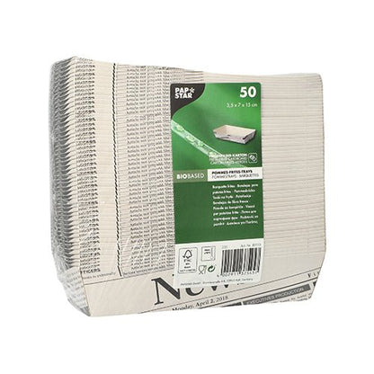 Um pacote selado com 50 bandejas de batatas fritas brancas, retangulares e biodegradáveis "Newsprint" da PAPSTAR GmbH, cada uma medindo 3,5 x 7 x 1,5 cm, com detalhes do produto e símbolos ecológicos em uma etiqueta verde - perfeito para festas de churrasco.