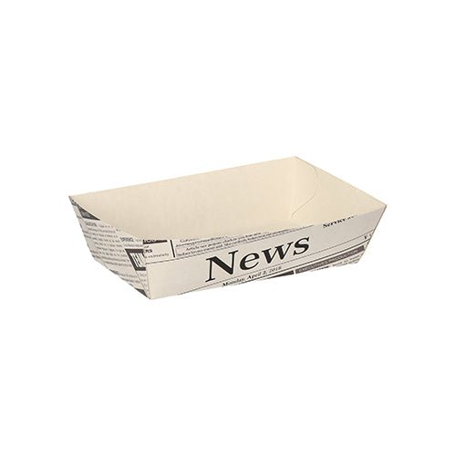 As 50 bandejas de batatas fritas brancas "Newsprint" da PAPSTAR da PAPSTAR GmbH são bandejas de papel retangulares e planas com design chamativo "News" - ideal para servir batatas fritas em qualquer festa de churrasco.