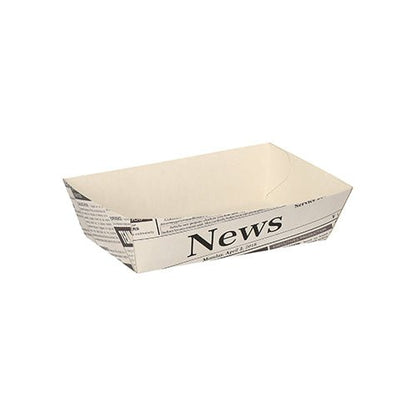 As 50 bandejas de batatas fritas brancas "Newsprint" da PAPSTAR da PAPSTAR GmbH são bandejas de papel retangulares e planas com design chamativo "News" - ideal para servir batatas fritas em qualquer festa de churrasco.