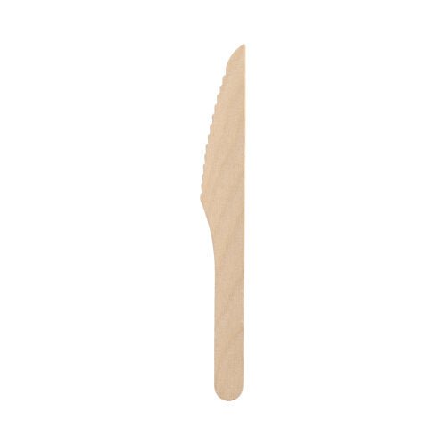 A faca de madeira PAPSTAR "pure" de 16,5 cm, encerada, feita de madeira ecológica, está ilustrada como uma faca descartável prática para uso sustentável - 100 peças por caixa dobrável (Marca: PAPSTAR GmbH).