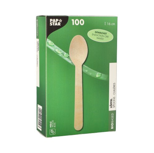 Uma caixa verde e branca da PAPSTAR GmbH com a inscrição "colher de madeira pure" contém 100 colheres de madeira enceradas e ecológicas (16 cm) em uma caixa dobrável - ideal para a gastronomia, com motivo de colher e folha na frente.