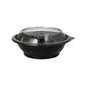 O conjunto de 25 tigelas para salada Starpak inclui recipientes de alimentos pretos de 600 ml feitos de PET (Ø 16,6 cm, altura 5,9 cm) com tampas transparentes e abauladas 'Snap It' feitas de R-PET, ilustrados sobre um fundo branco (25 peças por embalagem).