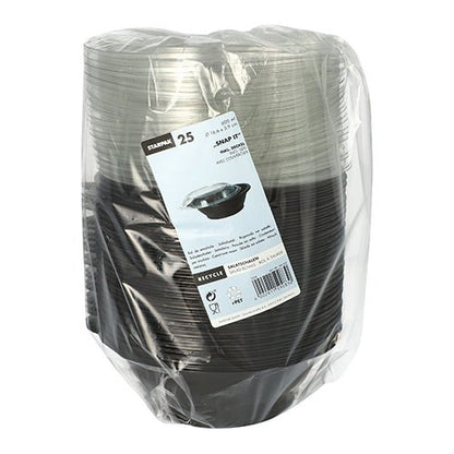 Um pacote com 25 tigelas pretas para salada Starpak 'Snap It' (PET, 600 ml, Ø 16,6 cm, 5,9 cm) com tampa transparente de R-PET, embaladas em plástico e com uma etiqueta branca na frente com detalhes do produto e código de barras.