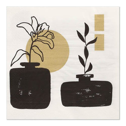 Um desenho de dois vasos pretos com plantas delineadas em formas bege sobre fundo branco, inspirado nos padrões elegantes dos guardanapos PAPSTAR GmbH 20, 33x33 cm, 3 camadas, colorido.
