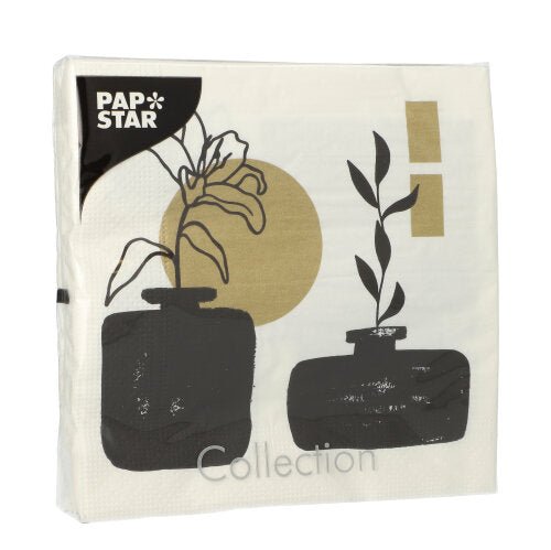 A PAPSTAR GmbH oferece um pacote de 20 guardanapos coloridos de 3 camadas (33x33 cm, 1/4 dobrado) que, com seu design minimalista - dois vasos pretos, plantas abstratas e acentos geométricos dourado-preto - valorizam elegantemente qualquer mesa.
