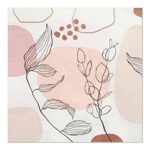 Os 20 guardanapos PAPSTAR, 33 x 33 cm, 3 camadas, Set 5 da PAPSTAR GmbH apresentam formas abstratas em rosa e bege com motivos de folhas pretas, oferecidos em uma embalagem prática de 20 unidades.