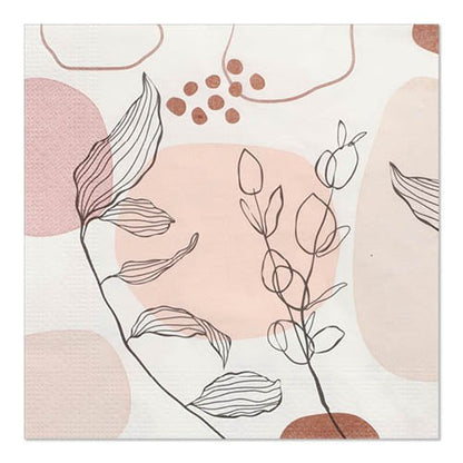Os 20 guardanapos PAPSTAR, 33 x 33 cm, 3 camadas, Set 5 da PAPSTAR GmbH apresentam formas abstratas em rosa e bege com motivos de folhas pretas, oferecidos em uma embalagem prática de 20 unidades.