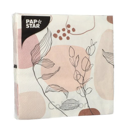 20 guardanapos PAPSTAR GmbH, 33x33cm, 3 camadas, no design abstrato Set 5 com formas bege-rosadas e desenhos de linhas de folhas e bagas pretas. Os guardanapos estão embalados em plástico transparente.