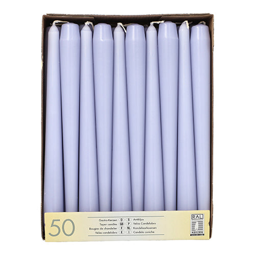 Uma caixa com 50 velas Starpak Ø 2,2 cm - 25 cm da Starpak, dispostas verticalmente numa única camada, com uma etiqueta bege na parte inferior indicando os dados do produto e a quantidade.