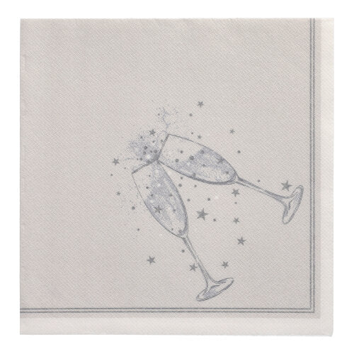 O PAPSTAR 20 Guardanapos "ROYAL Collection" (40x40 cm, 1/4-dobra) da PAPSTAR GmbH é um guardanapo branco com borda cinza, decorado com dois copos de champanhe tilintando e motivos de estrelas. Feito de tecido premium macio e elegante.