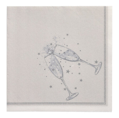 O PAPSTAR 20 Guardanapos "ROYAL Collection" (40x40 cm, 1/4-dobra) da PAPSTAR GmbH é um guardanapo branco com borda cinza, decorado com dois copos de champanhe tilintando e motivos de estrelas. Feito de tecido premium macio e elegante.