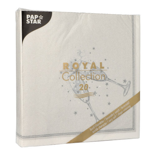 Die PAPSTAR GmbH 20 Servietten "ROYAL Collection" (1/4-Falz, 40x40cm) kommen in einer quadratischen weißen Packung im minimalistischen Champagnerglas-Design daher - perfekt für eine stilvolle Tischdekoration.