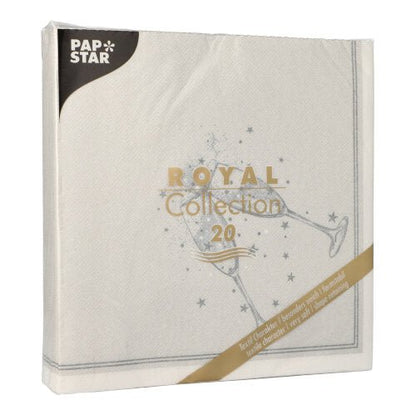 A PAPSTAR GmbH 20 guardanapos "ROYAL Collection" (1/4-dobra, 40x40cm) vêm em uma embalagem quadrada branca com design minimalista de taça de champanhe - perfeito para uma decoração de mesa elegante.