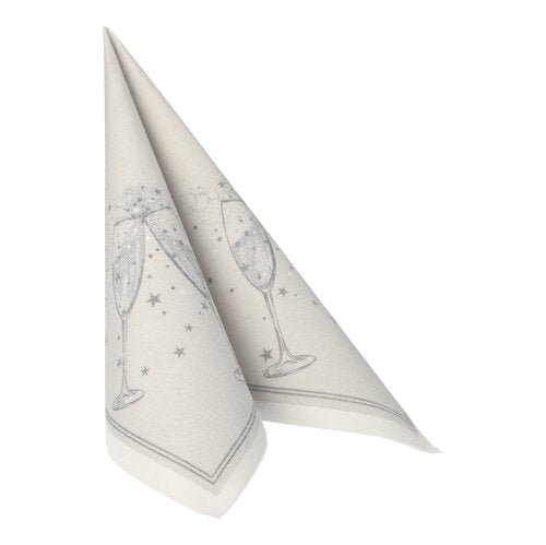 Os 20 guardanapos PAPSTAR GmbH "ROYAL Collection" (1/4-dobra, 40x40 cm) apresentam um guardanapo branco com dois copos de champanhe tocando-se, estrelas, bolhas de sabão e uma borda estreita - uma decoração de mesa ideal.