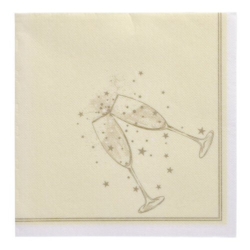 Os PAPSTAR 20 guardanapos "ROYAL Collection" 1/4-Fold 40x40 cm da PAPSTAR GmbH apresentam um design bege com duas taças de champanhe tilintando, borda dourada e pequenas estrelas douradas - ideal para uma decoração de mesa elegante.