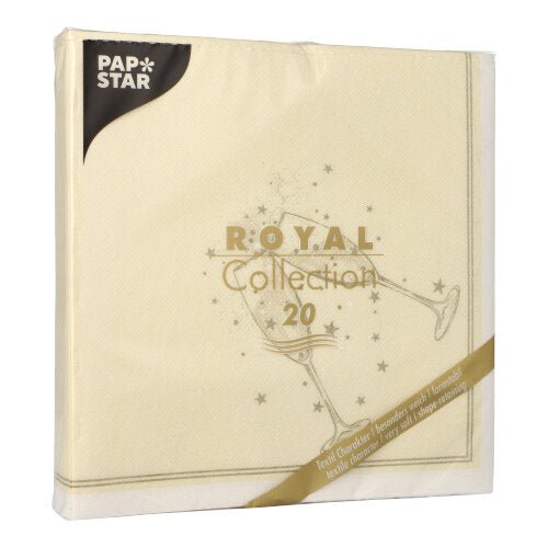 Uma embalagem de PAPSTAR 20 guardanapos "ROYAL Collection" 1/4-dobra (40x40 cm) da PAPSTAR GmbH, creme com design de taça de champanhe e estrelas douradas, destaca-se por uma embalagem principalmente transparente com certificação FSC.