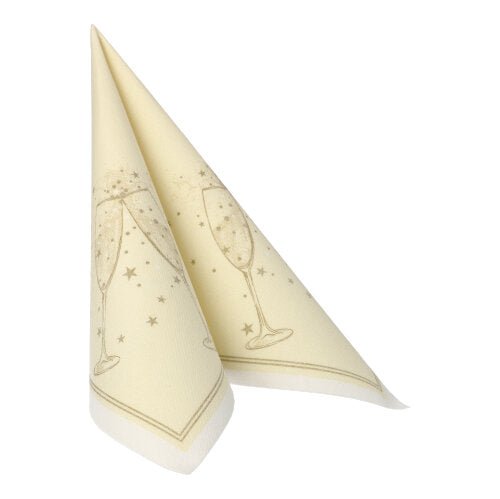 Os 20 guardanapos PAPSTAR "ROYAL Collection" (40 x 40 cm, dobrados em 1/4) da PAPSTAR GmbH são de cor creme, estampados com copos de champanhe e estrelas, e feitos de tecido premium para um toque elegante.