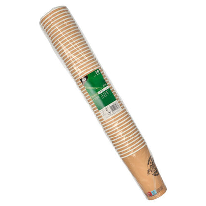 Uma pilha de 50 PAPSTAR copos de papel de 0,5 l da PAPSTAR GmbH, embalados em filme transparente com um rótulo verde e branco com informações do produto.