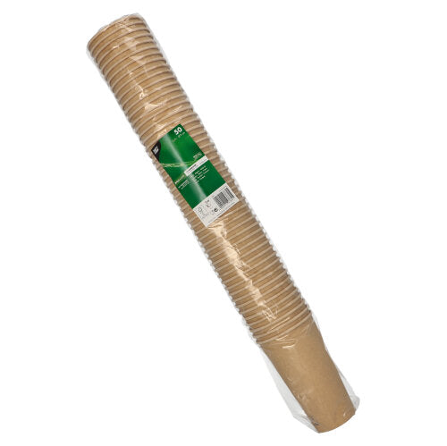 Uma embalagem de plástico selada com 50 copos de papel marrom (cada um com 0,5 l) da PAPSTAR GmbH, com rótulo verde e branco e detalhes do produto.