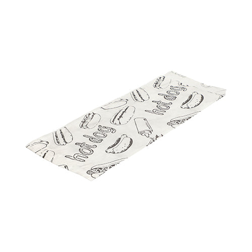 A imagem mostra uma embalagem de papel plana e branca PAPSTAR para Hot Dog (21x8,5 cm) com um desenho de linha de Hot Dog em preto e o texto "Hot Dog" da embalagem de 1000 unidades da PAPSTAR GmbH em fundo branco.