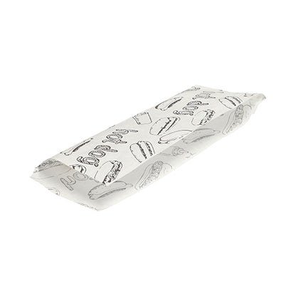 Um Hot Dog ou sanduíche embrulhado em um saco branco PAPSTAR para Hot Dog (21x8,5 cm) com desenhos de lanches em preto, fechado em ambos os lados, da PAPSTAR GmbH; ideal para lanches e disponível em embalagem de 1000 unidades.
