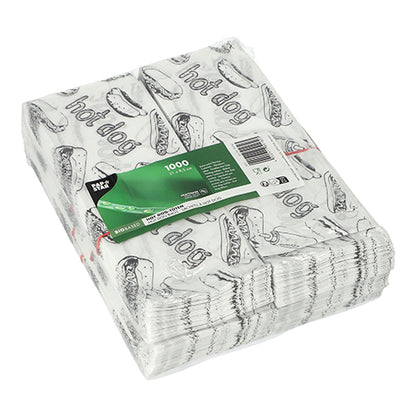 Os 1000 sacos PAPSTAR para Hot Dog (21x8,5 cm, branco) da PAPSTAR GmbH estão embalados a vácuo e possuem um gráfico de Hot Dog em preto e o logotipo "Hot Dog". Uma etiqueta verde com informações do produto está anexada.
