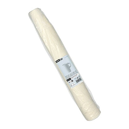 Um pacote com 80 copos de papel Starpak brancos com asa, empilhados em uma embalagem – ideal para festas e reuniões de todos os tipos.