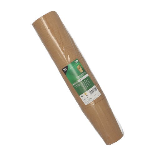 Uma folha enrolada de papel kraft marrom, envolta em filme, com um rótulo verde e branco da PAPSTAR GmbH – perfeito para fazer Wrap Cups ecológicos de papelão ou para festas e eventos. Produto: PAPSTAR 50 Wrap Cups, papelão marrom.