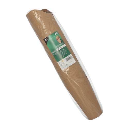 Um rolo com 50 PAPSTAR Wrap Cups, papelão marrom da PAPSTAR GmbH, ideal para Wrap Cups ecológicos em festas e eventos, parcialmente envoltos em filme transparente com um rótulo informativo verde e branco na frente.