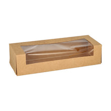 Der 25 Sushi-Schalen der PAPSTAR GmbH ist ein rechteckiger brauner Karton mit einem durchsichtigen Kunststofffenster, geschlossen und leer auf Weiß dargestellt. Als umweltfreundliche Verpackungsoption bietet es nachhaltige Einwegprodukte an.