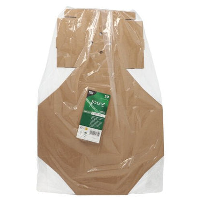Um pacote de 20 PAPSTAR caixas de hambúrguer de papelão "pure" da PAPSTAR GmbH, parcialmente envolto em película transparente com rótulo verde e branco – ideal para transporte ecológico e no design semelhante a porta-camisas.