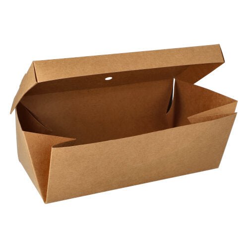 Uma simples caixa de hambúrgueres PAPSTAR 20, papelão "pure" da PAPSTAR GmbH mostra o interior vazio com a tampa aberta – uma caixa de take-away ecológica para as suas refeições.