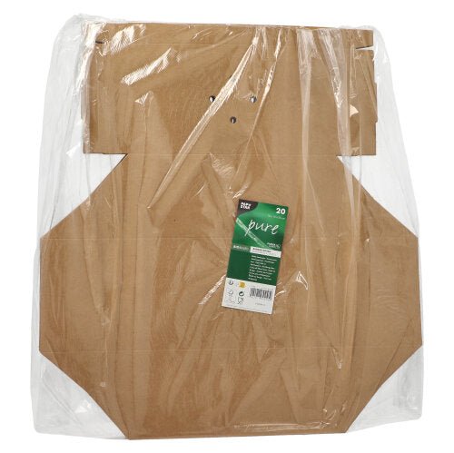 Uma pilha plana de caixas de hambúrguer PAPSTAR 20, papelão "pure" da PAPSTAR GmbH está envolta em película transparente e possui um rótulo verde e branco com informações do produto na frente.