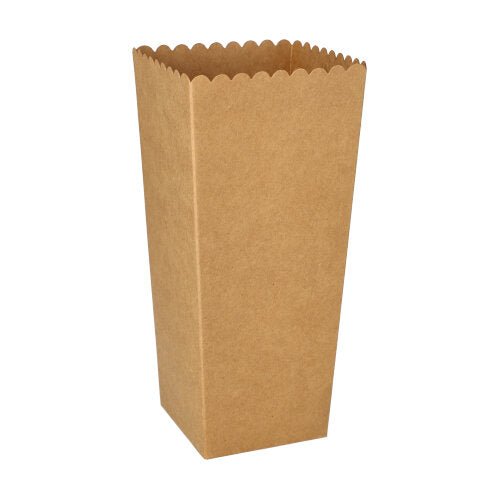 As PAPSTAR caixas de pipoca quadradas, marrons (19,7x7x7 cm, 100 unidades) da PAPSTAR GmbH estão de pé sobre um fundo branco - ideal para a próxima noite de cinema.