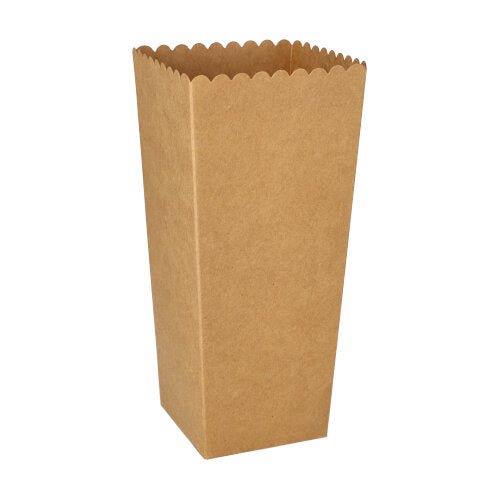 Eine PAPSTAR GmbH 100 Popcorn-Boxen Pappe „pure“, eckig, 1300 ml (19,7x7x7 cm), steht aufrecht vor weißem Hintergrund – ideal für den gemütlichen Kinoabend.