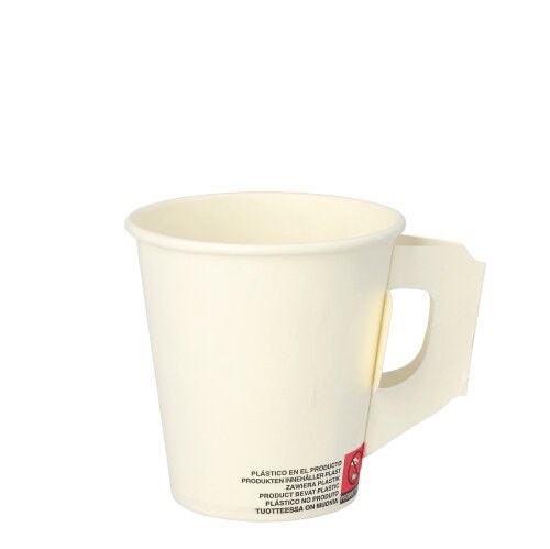 O copo Starpak 80 é um simples copo de papel descartável branco com asa plana e uma pequena etiqueta multilingue na base – ideal como copo descartável para festas. Marca: Starpak. O fundo é simplesmente branco.