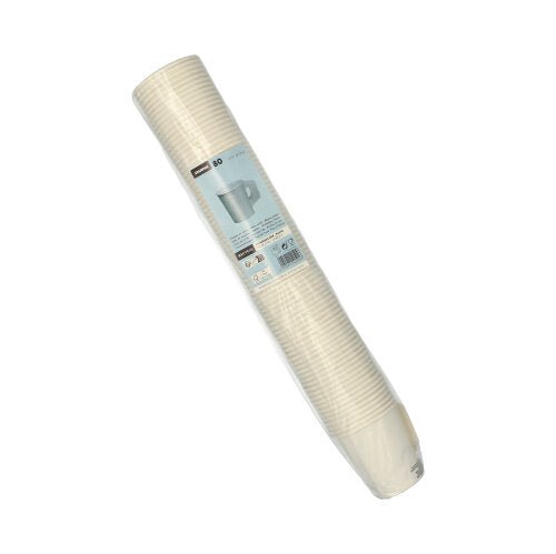 Um pacote selado com 80 copos de papel descartáveis Starpak brancos com asa (copo, papel com asa) é empilhado com uma etiqueta azul com detalhes do produto e uma ilustração do copo – ideal para festas.