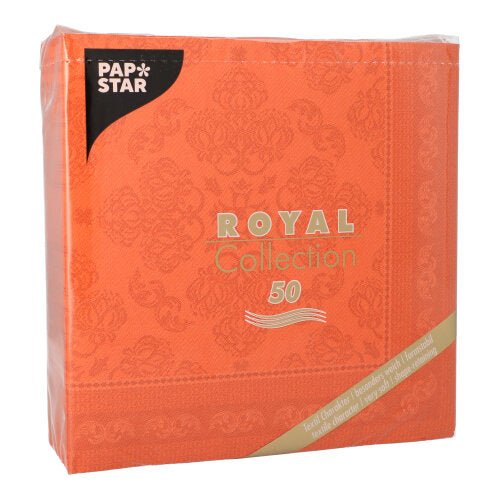 Um pacote de 50 PAPSTAR GmbH guardanapos "ROYAL Collection" 1/4-dobra, 40 x 40 cm em nectarina, mostra um padrão sutil com inscrição dourada e branca.