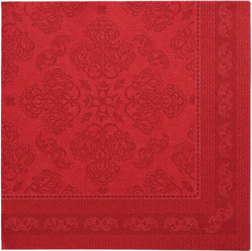 Os PAPSTAR 50 guardanapos "ROYAL Collection" 1/4-dobra 40 x 40 cm em cor de vinho destacam-se por uma forma quadrada com padrões florais e geométricos em relevo, uma borda vermelha mais escura e um design simétrico e requintado - qualidade premium da PAPSTAR GmbH.